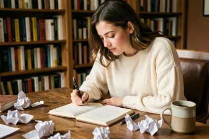 Jeune femme écrivant un poème avec des rimes dans un carnet ouvert sur un bureau en bois entouré de livres de poésie