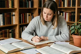 Femme studieuse écrivant dans un cahier entouré de grammaires françaises pour comprendre l'accord du participe passé
