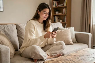 Jeune femme détendue sur un canapé en lin consultant son téléphone avec une expression amusée, ambiance cosy appartement moderne