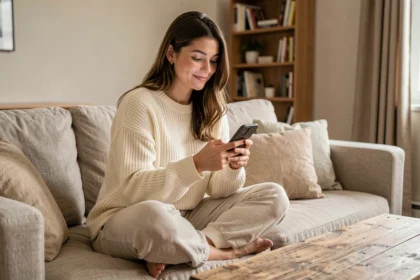 Jeune femme détendue sur un canapé en lin consultant son téléphone avec une expression amusée, ambiance cosy appartement moderne