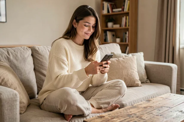 Jeune femme détendue sur un canapé en lin consultant son téléphone avec une expression amusée, ambiance cosy appartement moderne