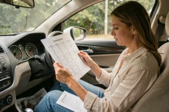 Femme dans une voiture de location consultant un tableau de conversion miles kilomètres avant de conduire à l'étranger