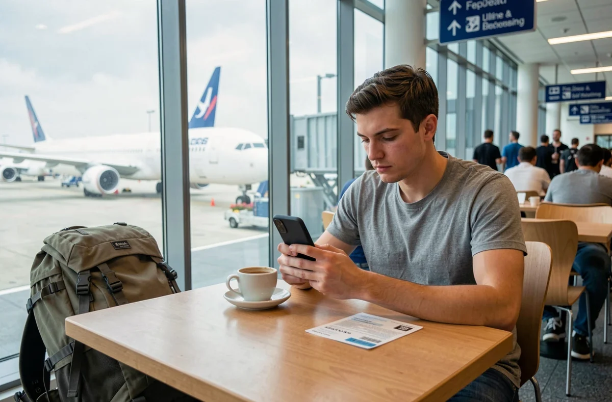 Homme en transit à l'aéroport utilisant Snapchat sur son téléphone pour garder ses flammes actives pendant les vacances
