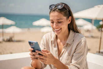 Jeune femme en vacances sur une terrasse de plage utilisant Snapchat sur son smartphone pour maintenir ses flammes