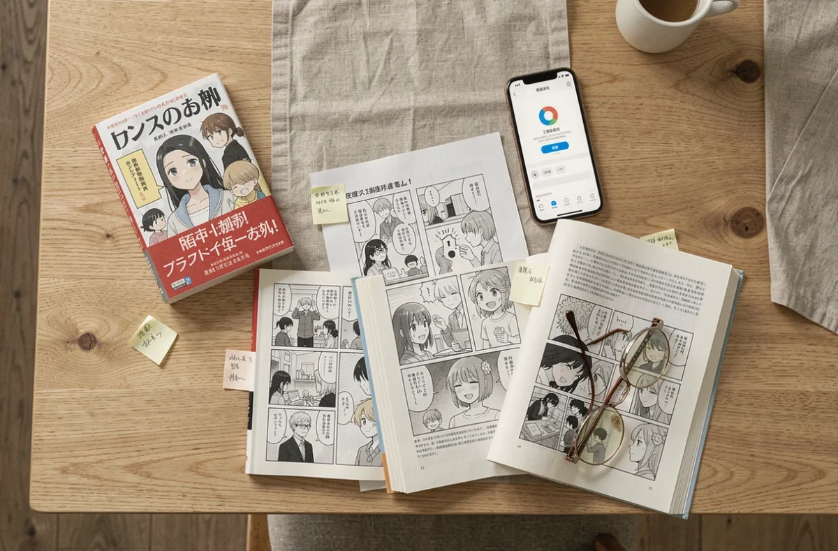 Vue aérienne de mangas, BD franco-belges et smartphone avec application webtoon sur une table en bois