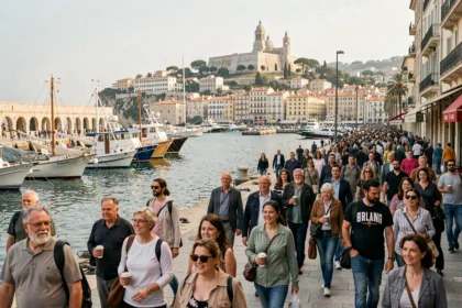 Foule de piétons au Vieux-Port de Marseille illustrant la densité de population et la démographie urbaine de la ville