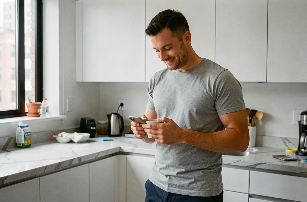 Homme dans sa cuisine envoyant un message sur son téléphone tout en tenant un mug de café, ambiance matinale décontractée