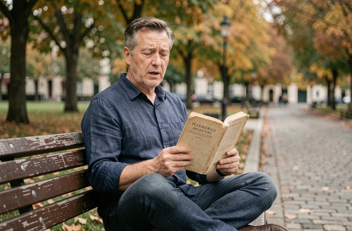 Homme lisant un recueil de poésie avec des rimes sur un banc de parc en automne