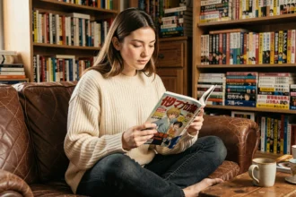 Jeune femme lisant un manga sur un canapé en cuir entouré de bibliothèques remplies de BD et mangas