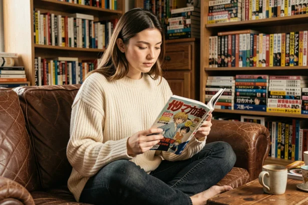 Jeune femme lisant un manga sur un canapé en cuir entouré de bibliothèques remplies de BD et mangas