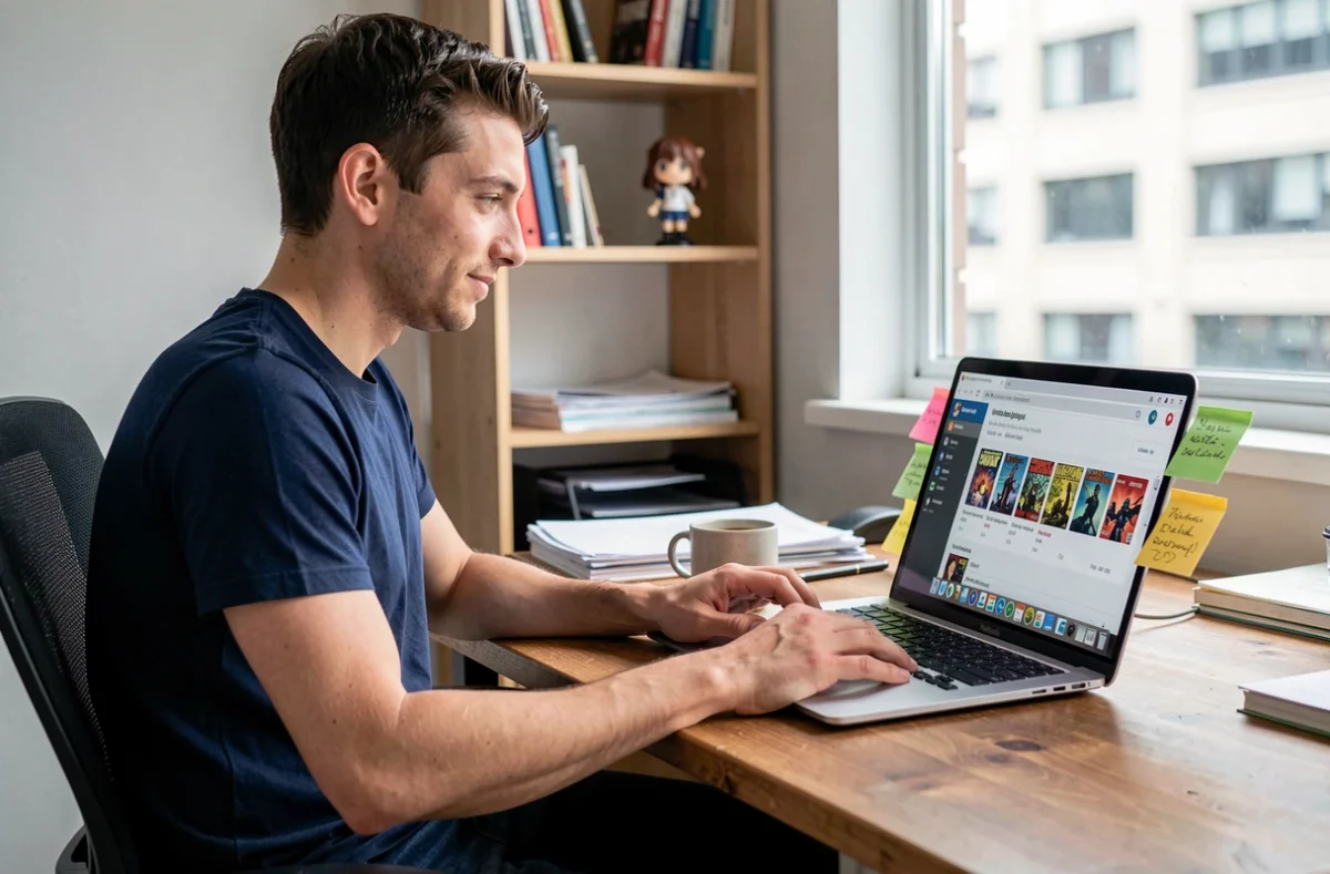 Homme consultant une plateforme de lecture de webtoons et mangas en ligne sur son ordinateur portable
