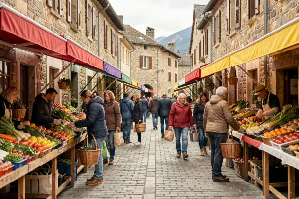 Marché en plein air d'Argelès-Gazost avec étals colorés et visiteurs portant des paniers