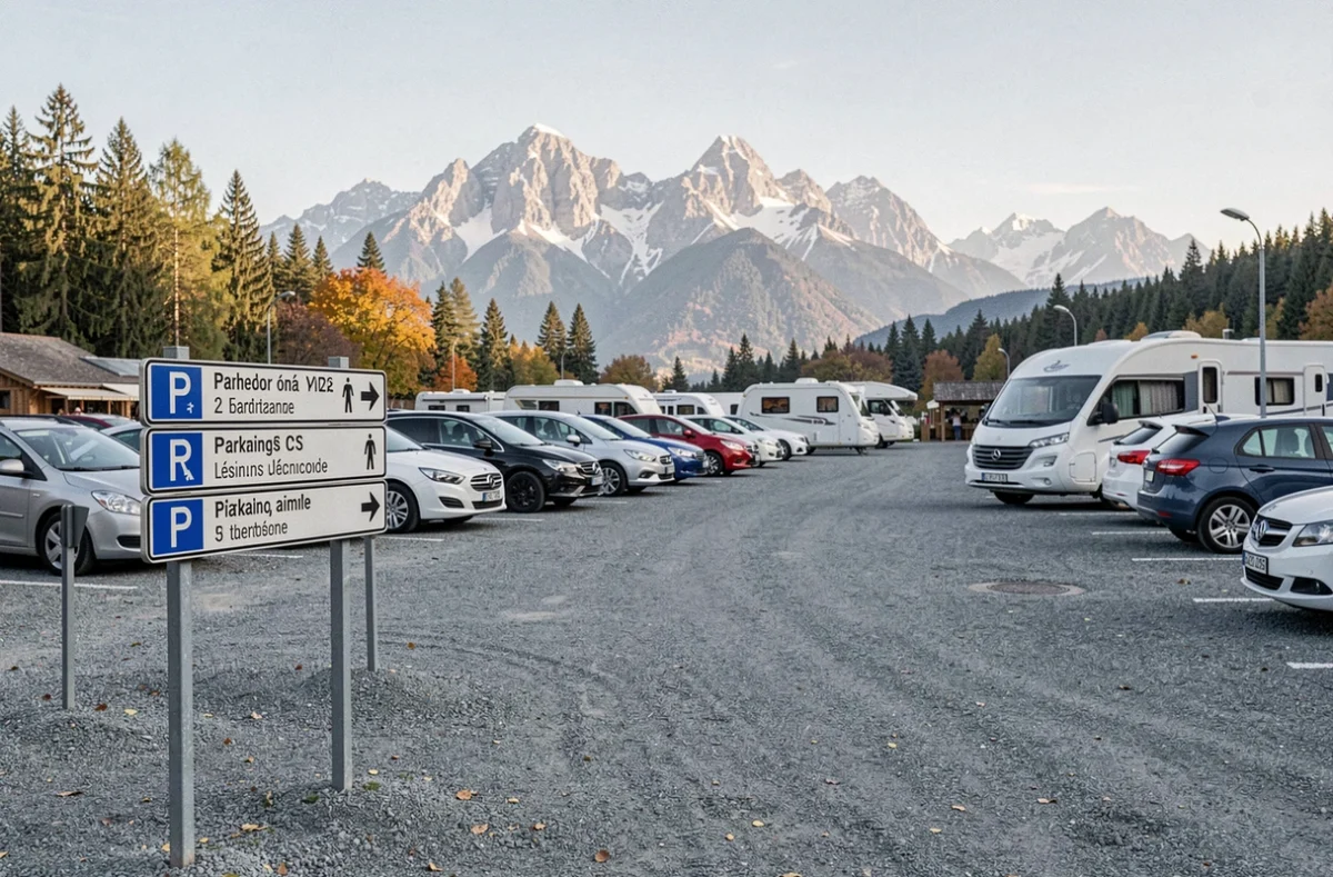 Parking public proche du marché d'Argelès-Gazost avec montagnes pyrénéennes en arrière-plan