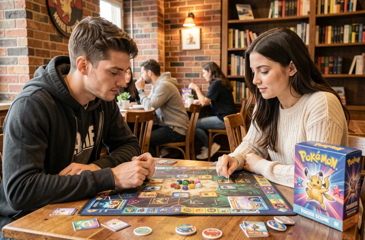 Deux amis jouant au jeu de cartes Pokémon avec des produits dérivés sur une table de café