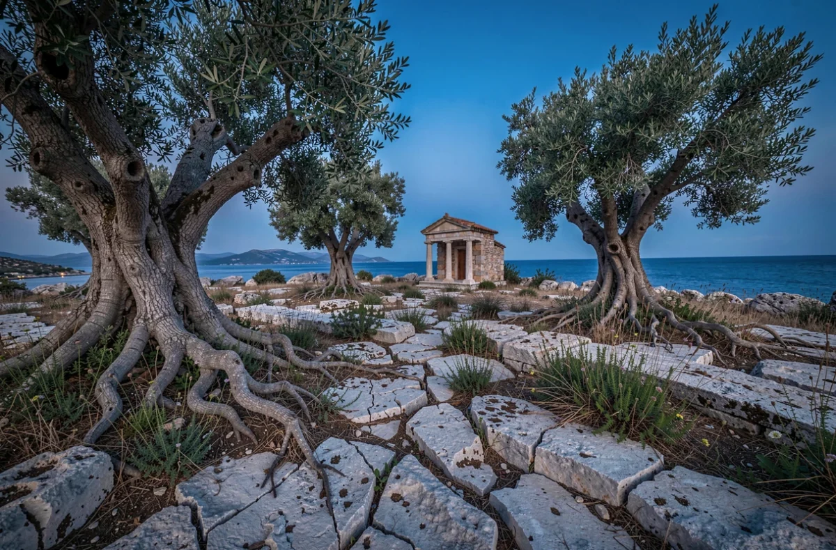 Paysage côtier grec avec oliviers anciens et ruines de sanctuaire évoquant la mythologie de Gaïa et la terre primordiale