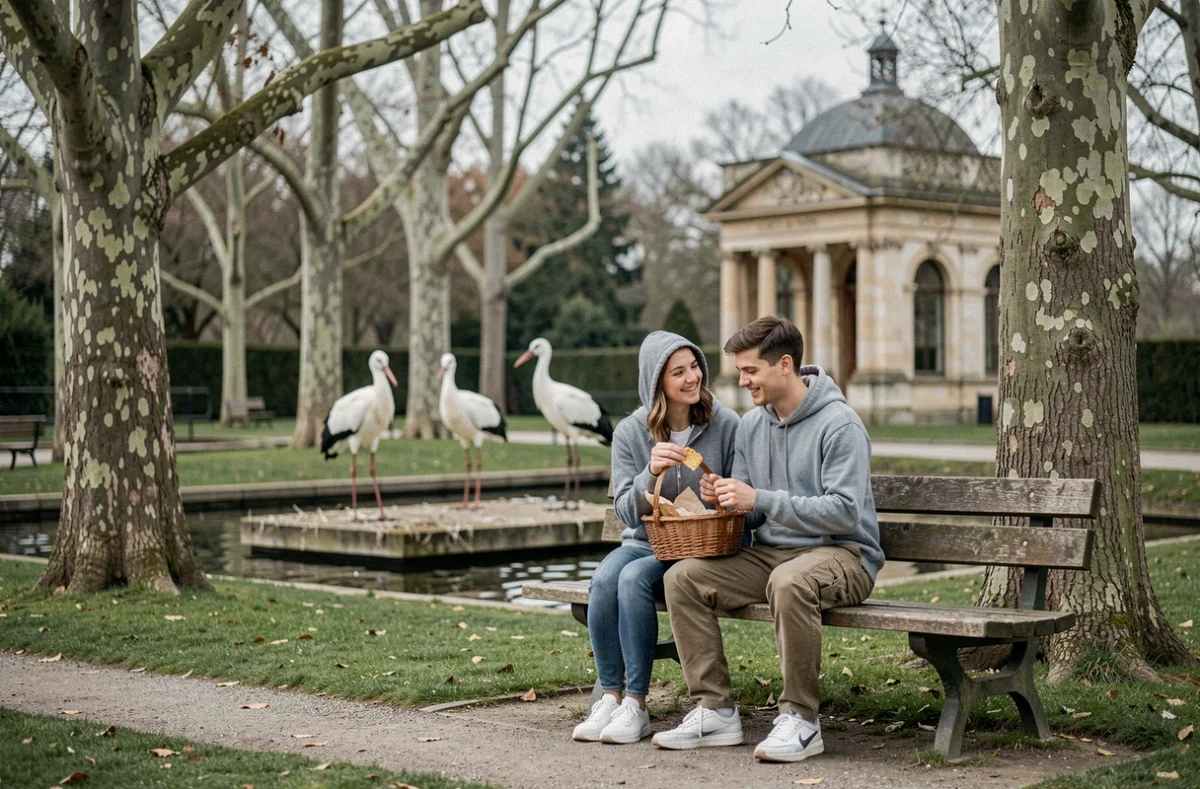 Couple profitant d'un pique-nique au Parc de l'Orangerie à Strasbourg avec des cigognes en arrière-plan