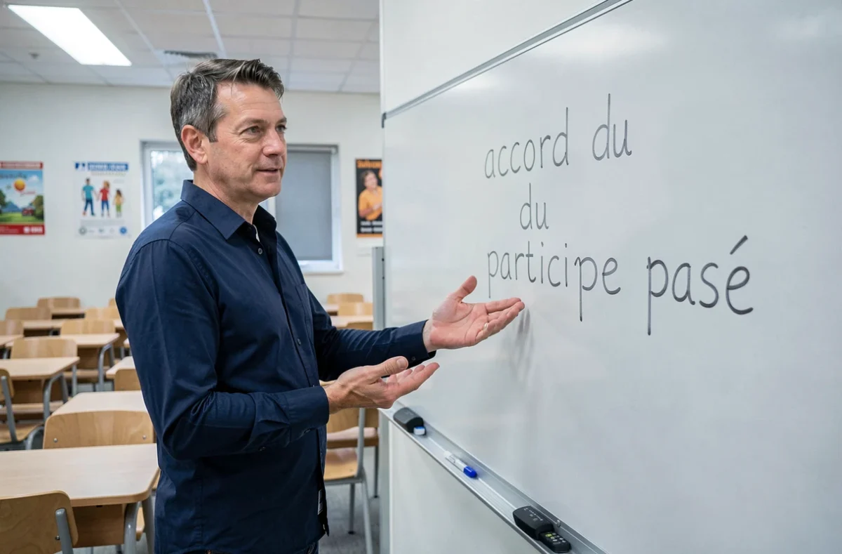 Professeur de français expliquant la règle d'accord du participe passé devant un tableau blanc en salle de classe