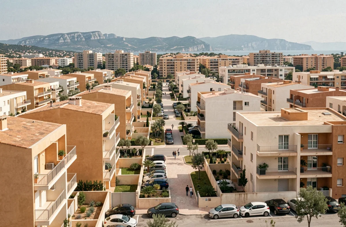 Nouveau quartier résidentiel en périphérie de Marseille symbolisant la croissance urbaine et les perspectives d'expansion démographique à l'horizon 2030