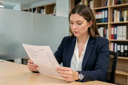 Une professionnelle en blazer marine annote un document avec des synonymes et formulations alternatives dans un bureau moderne