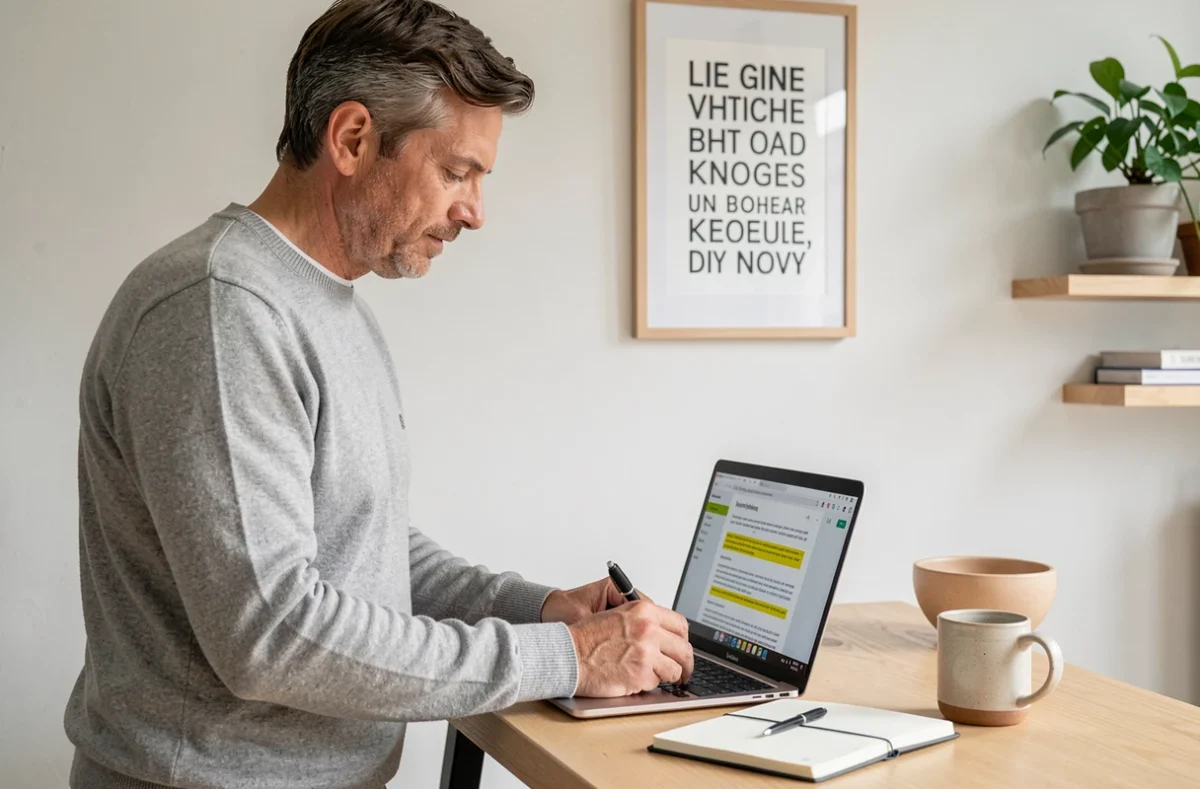 Un homme en pull gris consulte un document de synonymes et formulations professionnelles sur son ordinateur dans un bureau à domicile épuré