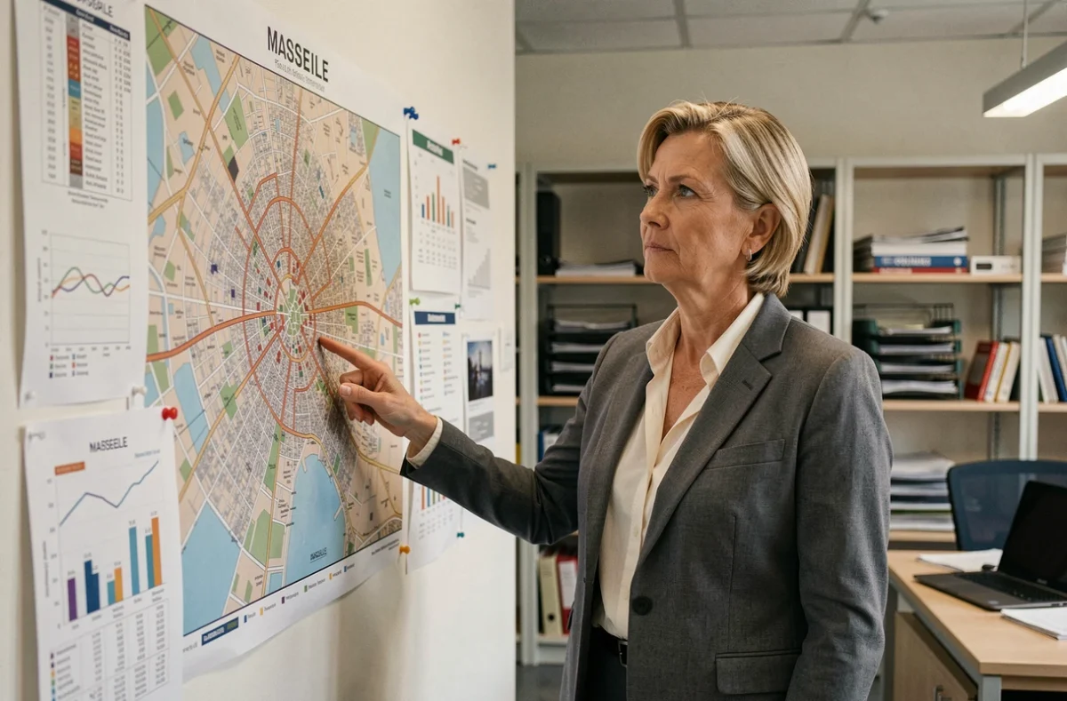 Urbaniste analysant des projections démographiques et des cartes de population de Marseille dans un bureau de planification