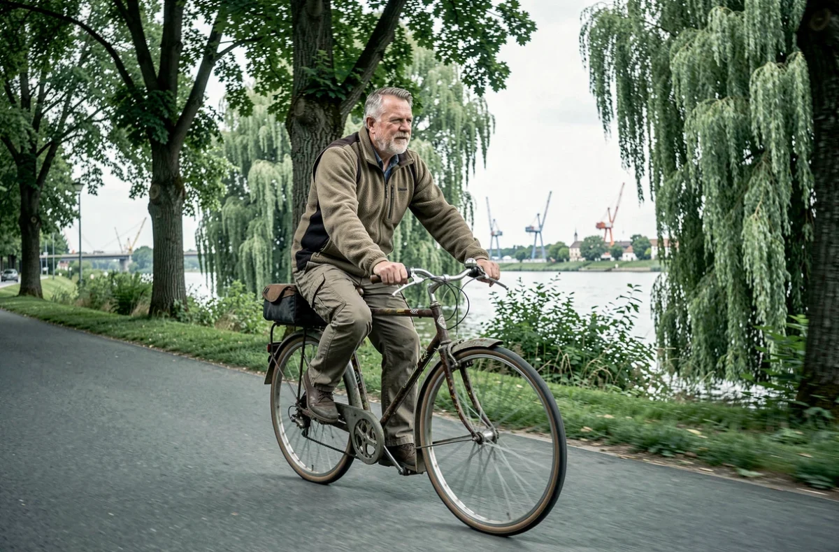 Cycliste traversant la piste cyclable du Rhin près de Strasbourg entouré d'arbres en plein air