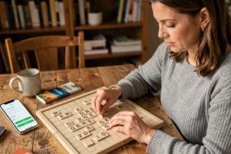 Femme vérifiant la validité d'un mot au Scrabble avec une application sur smartphone