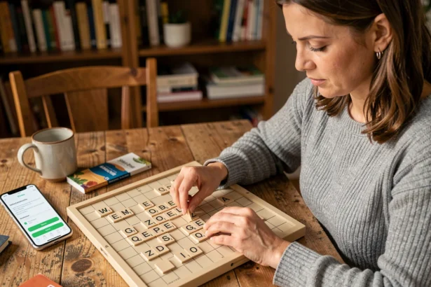 Femme vérifiant la validité d'un mot au Scrabble avec une application sur smartphone