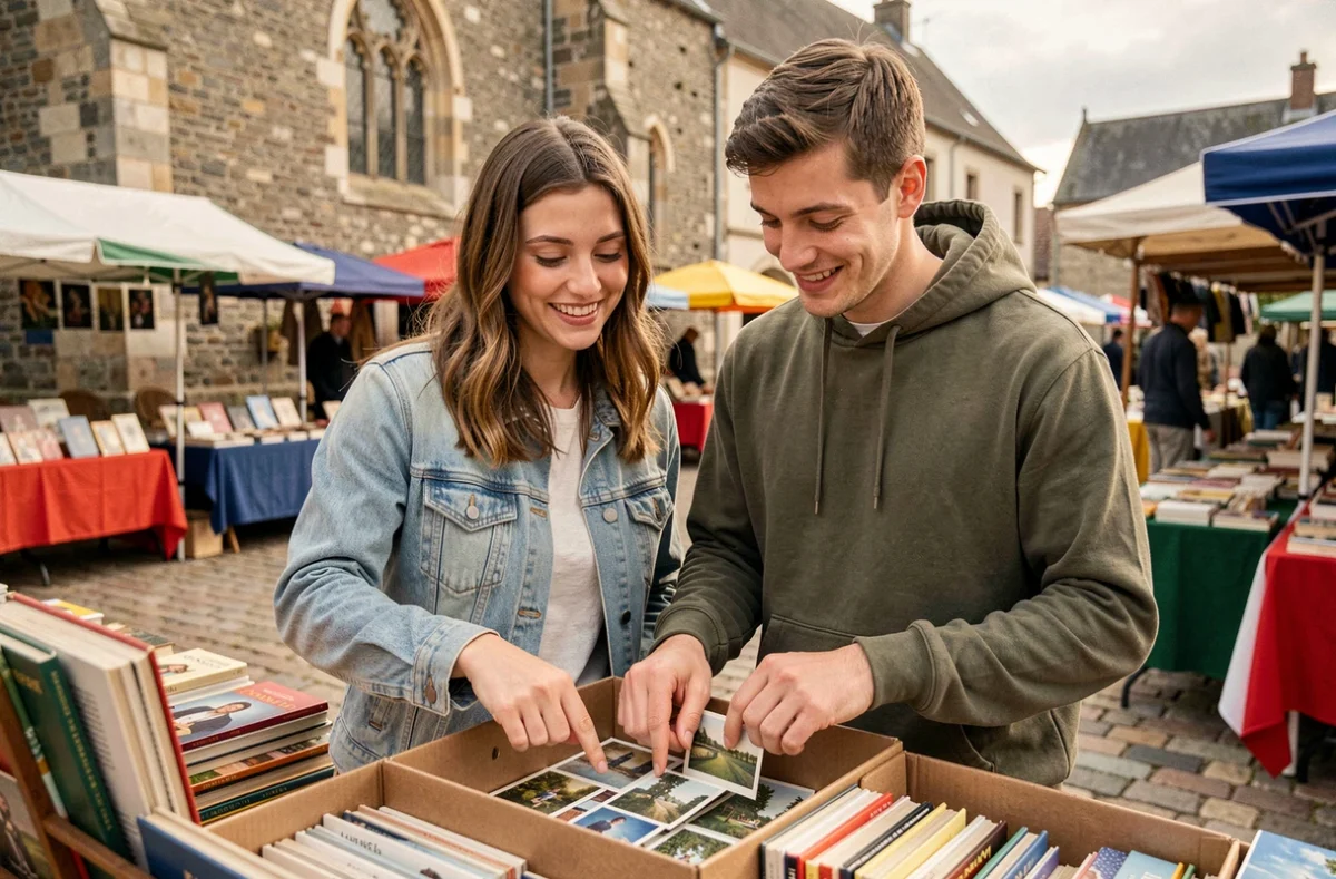 Jeune couple feuilletant des cartes postales et livres anciens sur un vide grenier place de l'église dans l'Orne