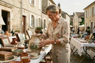 Femme examinant un vase en céramique vintage sur un étal de vide grenier en Normandie par une journée ensoleillée