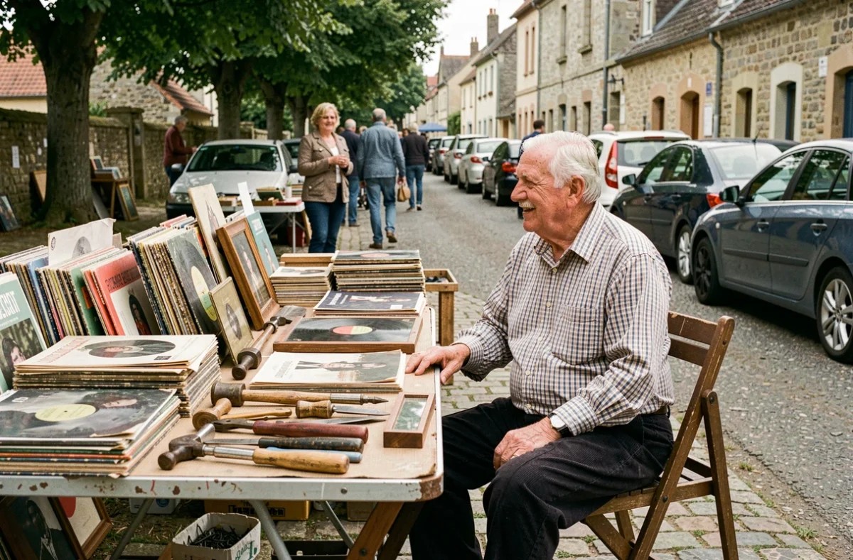 Vendeur âgé derrière un étal de vide grenier dans un village de l'Orne avec disques vinyles et outils anciens