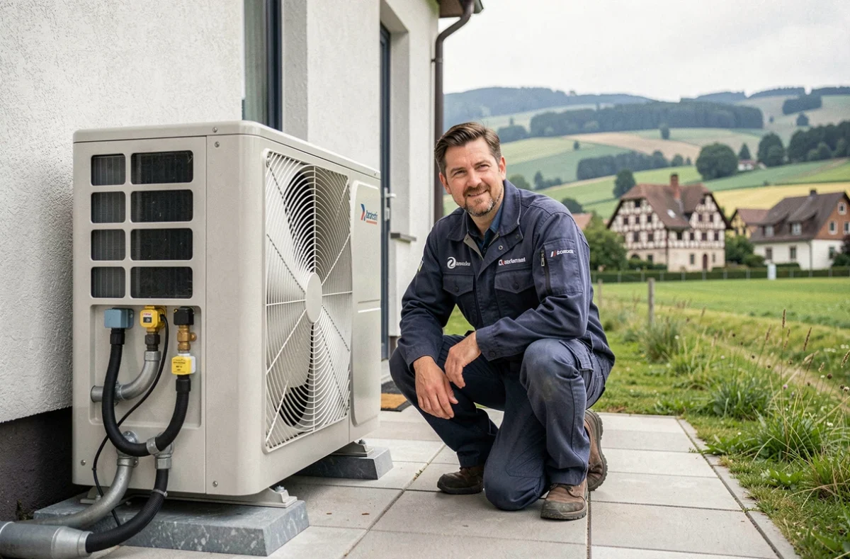Technicien spécialiste PAC d'ALSAPAC installant une pompe à chaleur à Aspach dans le Haut-Rhin
