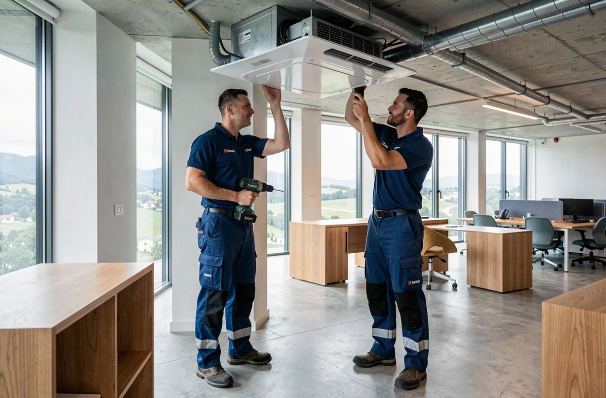Techniciens de C2 S installant un système de chauffage et climatisation dans un local du département 68