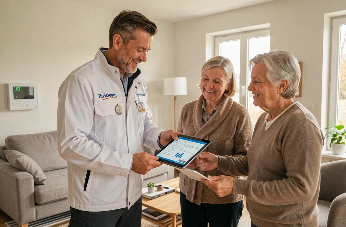 Chauffagiste certifié de CBM présentant un rapport d'installation à des clients dans une maison du Haut-Rhin