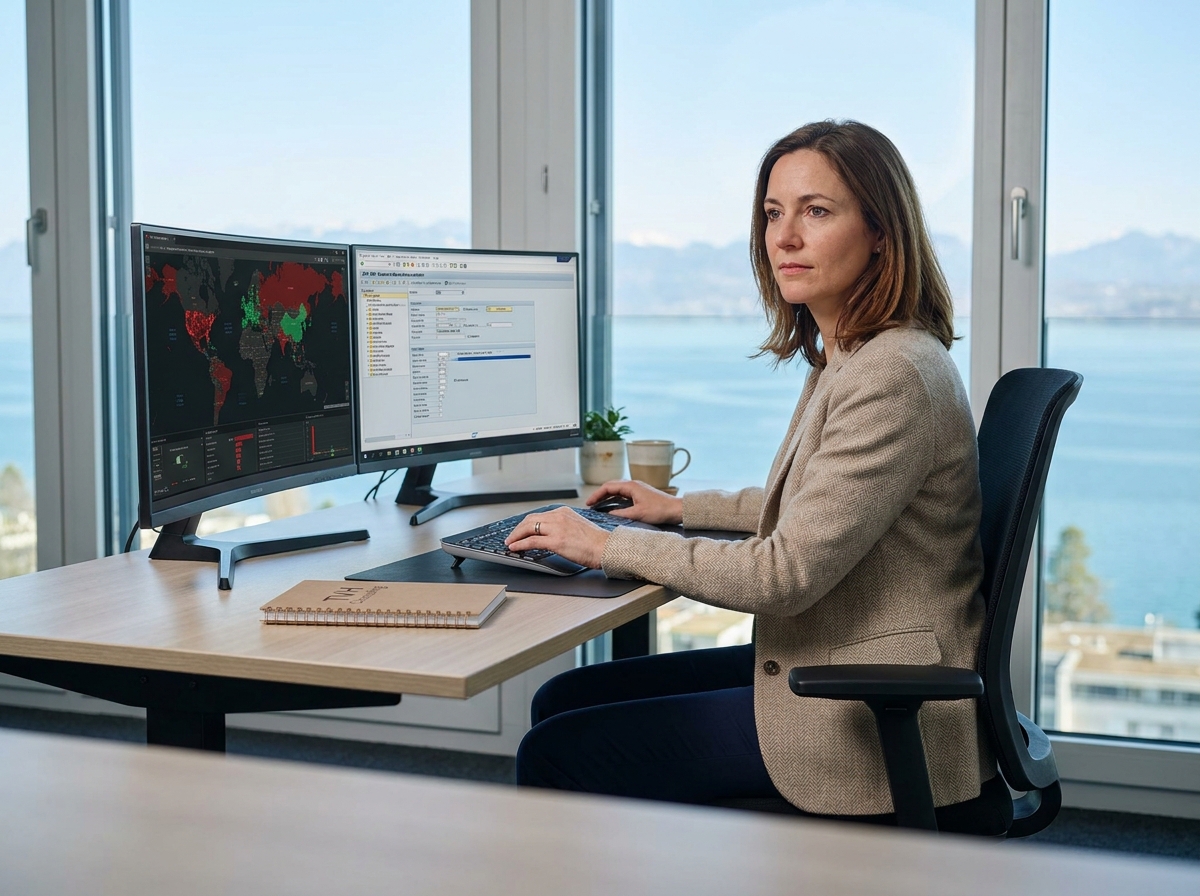 Consultante TVH Consulting travaillant sur des interfaces SAP et cybersécurité avec vue sur le lac Léman depuis un bureau moderne en Suisse