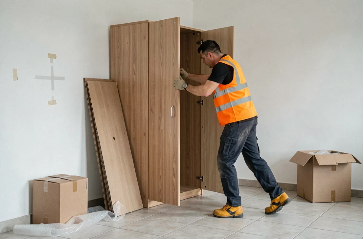 Technicien de Débarapide démontant une armoire rapidement dans un appartement en cours de débarras