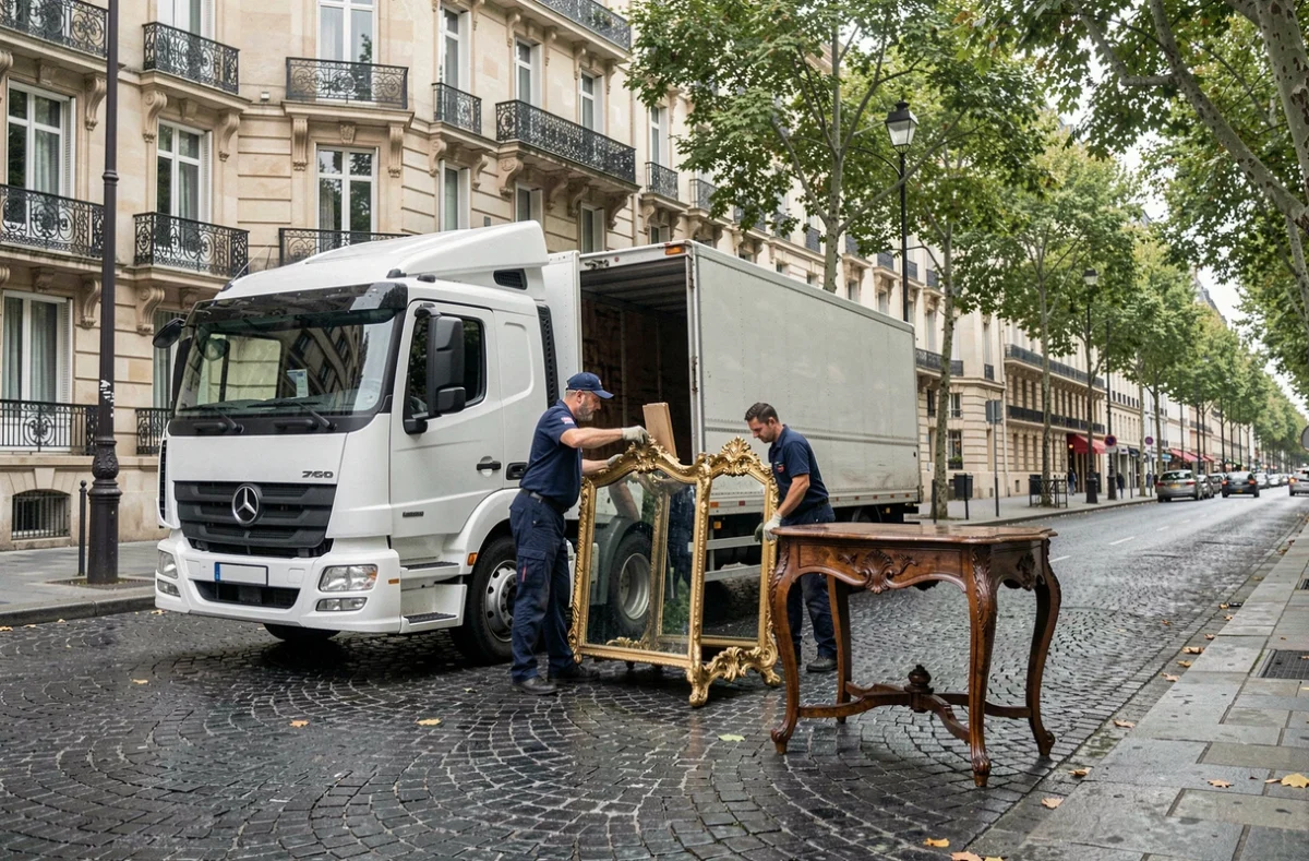 Équipe de Débarras Intégral Paris déchargeant des meubles anciens devant un immeuble haussmannien en bordure de l'Essonne