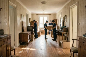 Équipe professionnelle de débarras en action dans une maison de l'Essonne, transportant meubles et cartons