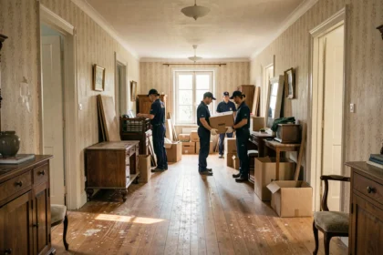 Équipe professionnelle de débarras en action dans une maison de l'Essonne, transportant meubles et cartons