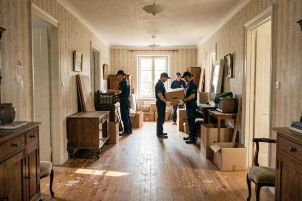 Équipe professionnelle de débarras en action dans une maison de l'Essonne, transportant meubles et cartons
