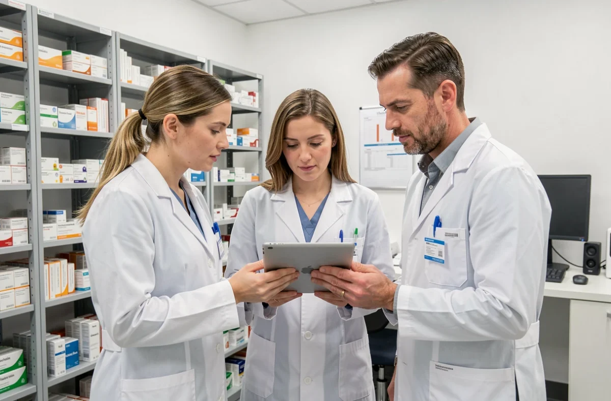 Équipe de pharmaciens collaborant ensemble autour d'une tablette numérique dans l'arrière-boutique d'une pharmacie