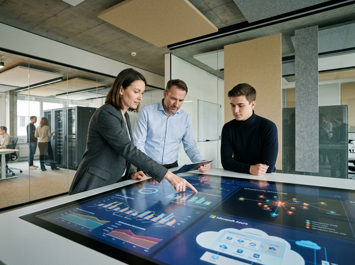Équipe de consultants TVH Consulting analysant des données SAP et Microsoft Azure sur une table tactile dans un bureau technologique suisse