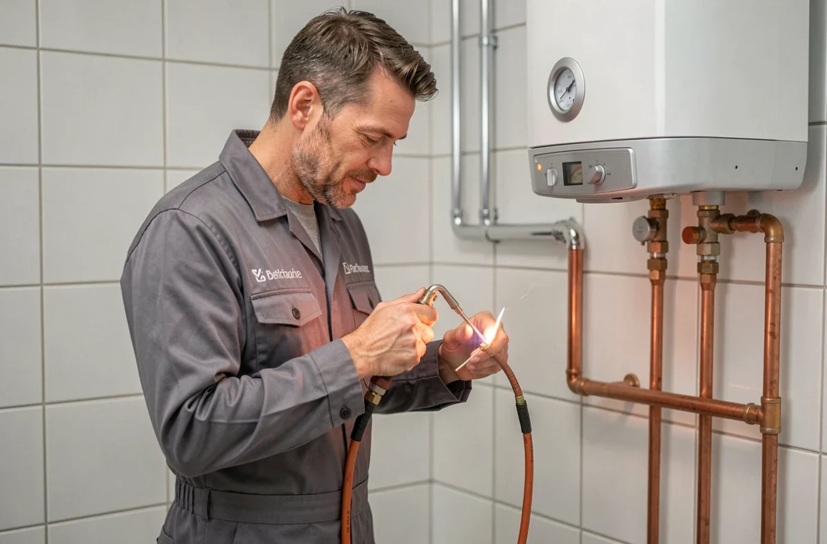Technicien d'ETS Willy Schneider et Cie soudant des tuyaux en cuivre dans une installation de plomberie chauffage à Pfastatt