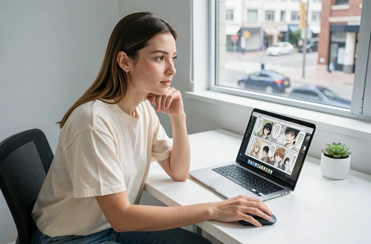 Jeune femme lisant des chapitres de manga en ligne légalement sur son ordinateur portable
