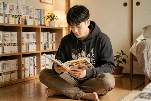 Jeune homme lisant un manga en VF dans une chambre cosy remplie de volumes de manga japonais