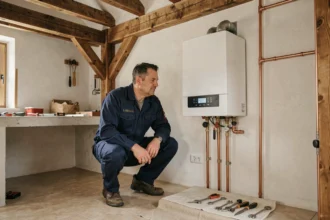 Chauffagiste professionnel intervenant sur une chaudière dans une maison alsacienne, représentant le classement des meilleurs chauffagistes du Haut-Rhin