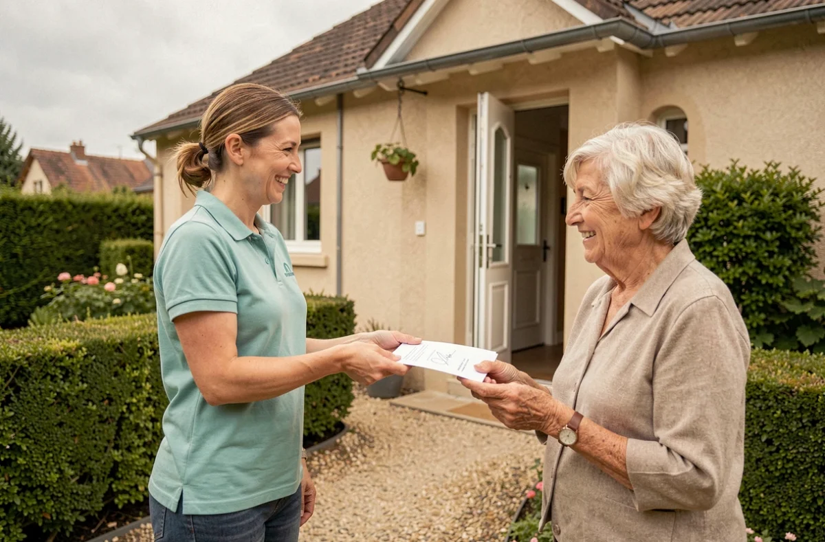 Professionnelle de Merci Débarras remettant un document signé à une cliente satisfaite après un débarras en Essonne