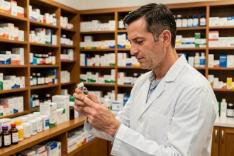 Pharmacien en blouse blanche examinant un médicament seul derrière son comptoir de pharmacie
