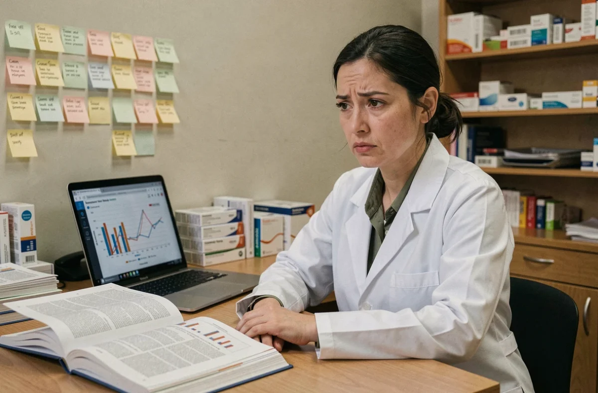 Pharmacienne travaillant seule à son bureau entourée de livres de référence pharmaceutique et d'un ordinateur portable