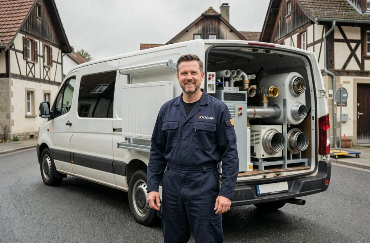Technicien multitechnique de Poly Tech avec son véhicule équipé devant des maisons alsaciennes du Haut-Rhin